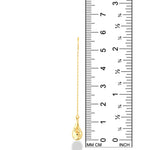 14K Yellow Gold Molten Gold Drop on a gold chain hanging on a white background with a ruler. Measuring, 57mm long