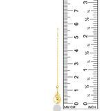 14K Yellow Gold Molten Gold Drop on a gold chain hanging on a white background with a ruler. Measuring, 57mm long