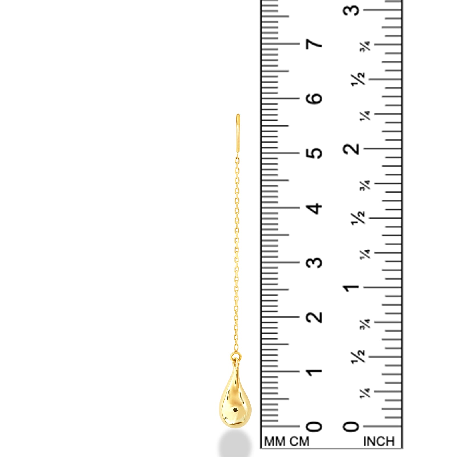 14K Yellow Gold Molten Gold Drop on a gold chain hanging on a white background with a ruler. Measuring, 57mm long