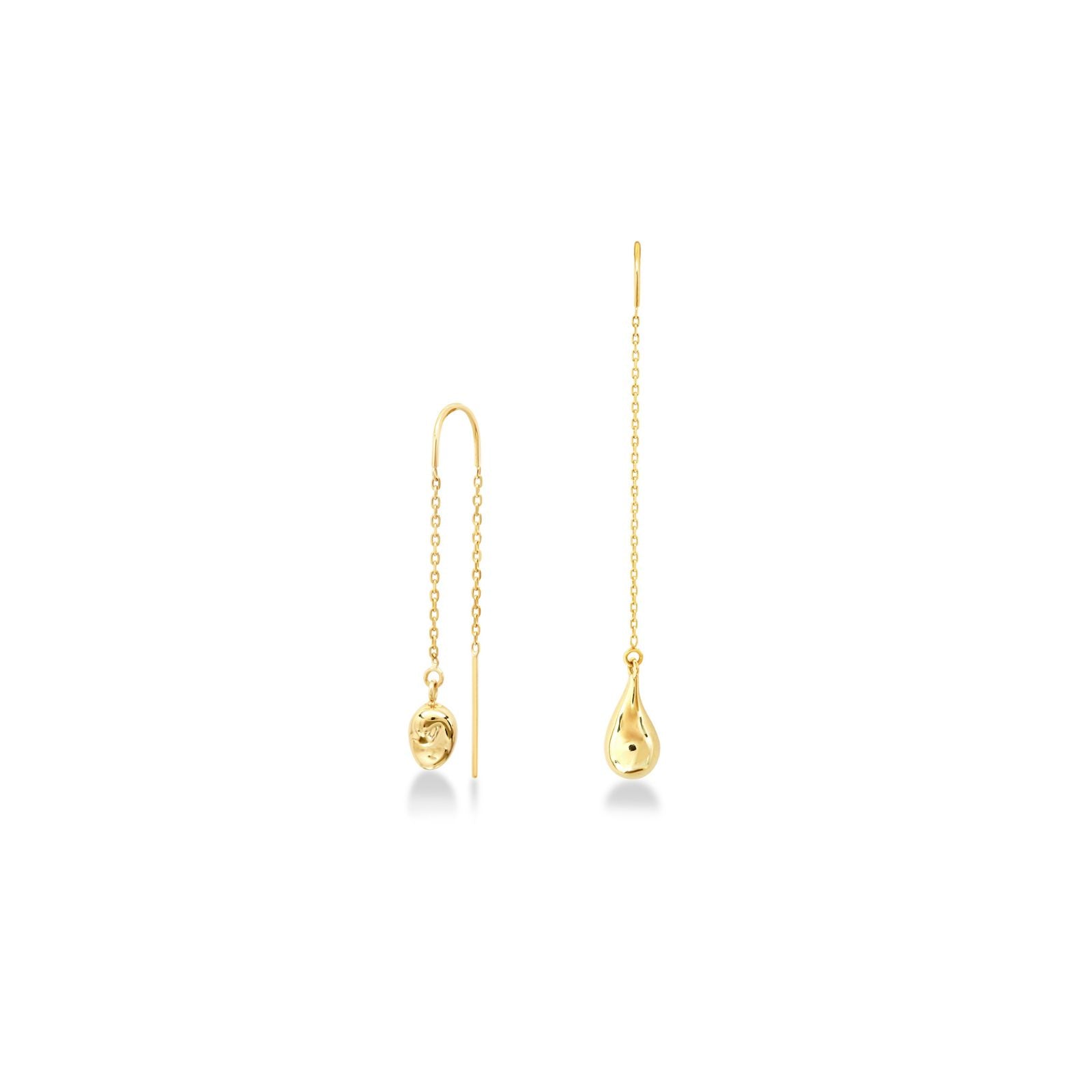 The AMANDA PEARL molten drop and droplet earring threaders in 14K recycled yellow gold.