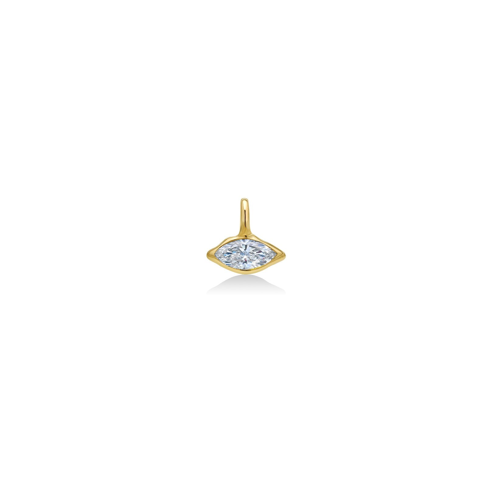 14K Recycled Gold Molten Marquise Solitaire Charm with Diamond on a white background with ruler measuring, 19mm tall