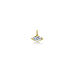 14K Recycled Gold Molten Marquise Solitaire Charm with Diamond on a white background with ruler measuring, 19mm tall