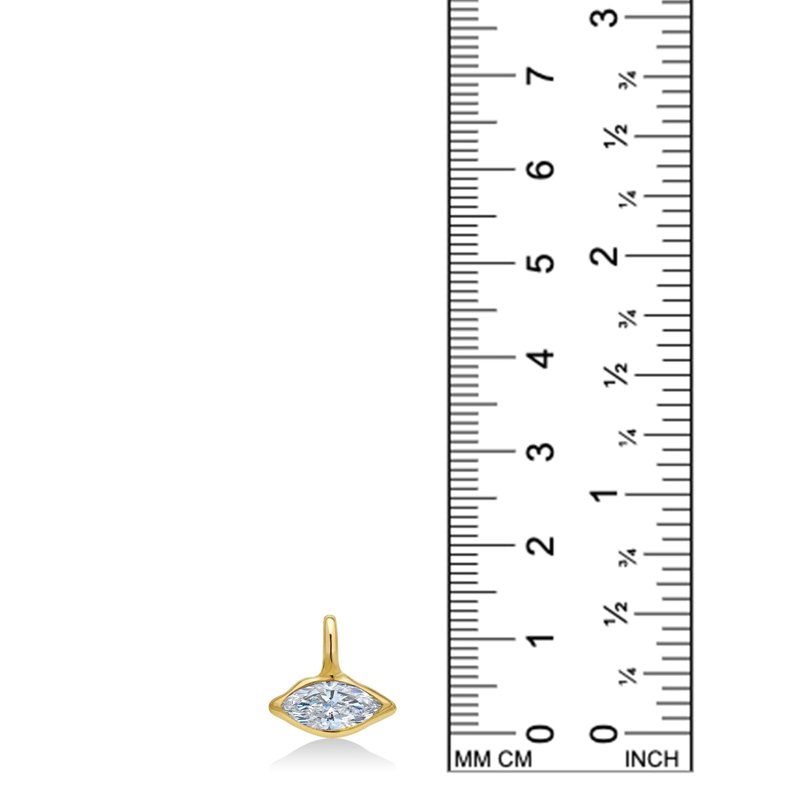 14K Recycled Gold Molten Marquise Solitaire Charm with Diamond on a white background with ruler measuring, 13mm tall