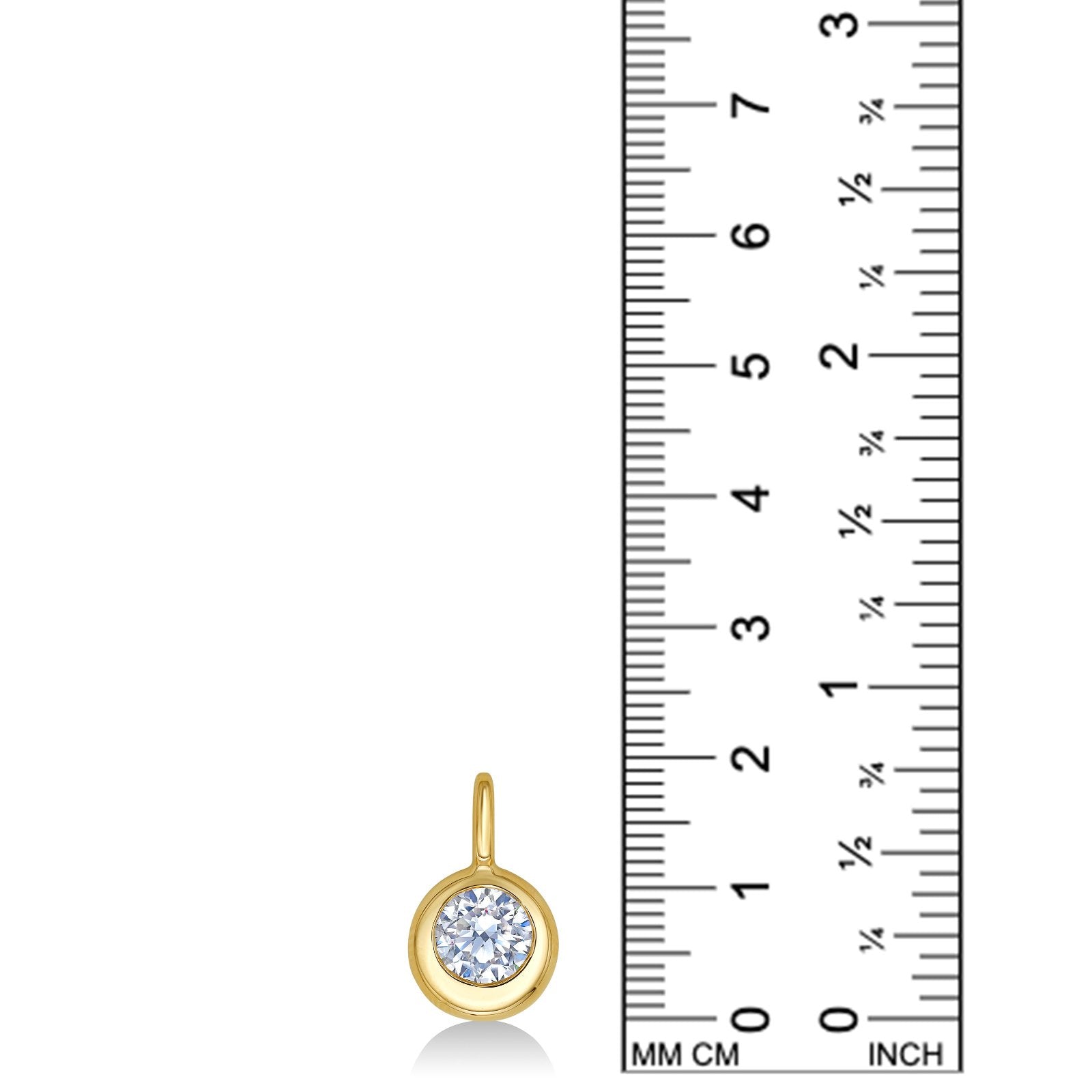 14K Recycled Gold Molten Round Solitaire Charm with Diamond on a white background with ruler measuring, 19mm tall