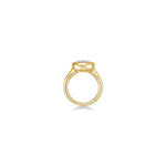 side view of round molten solitaire ring in yellow gold against a white background
