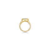 side view of round molten solitaire ring in yellow gold against a white background