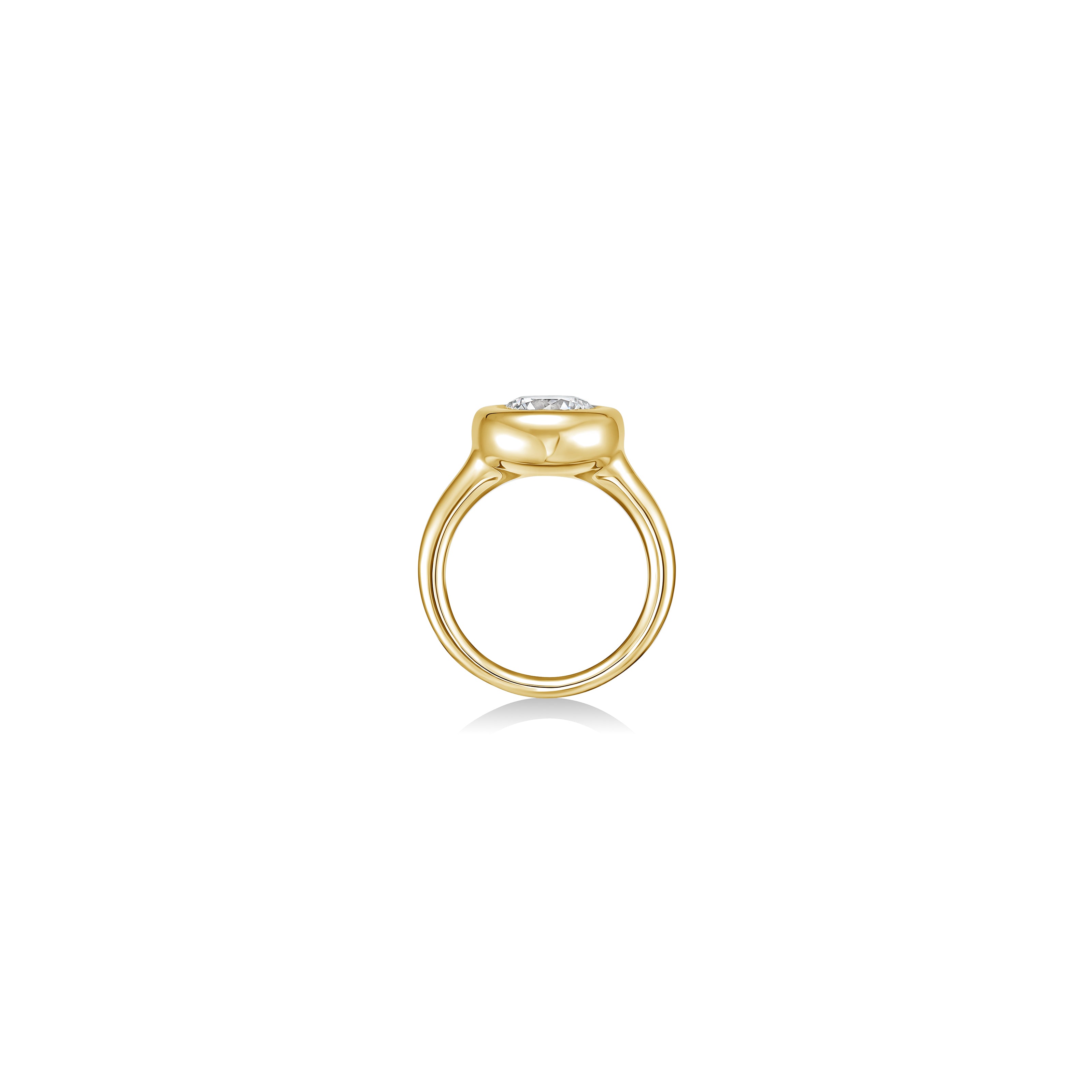 side view of round molten solitaire ring in yellow gold against a white background