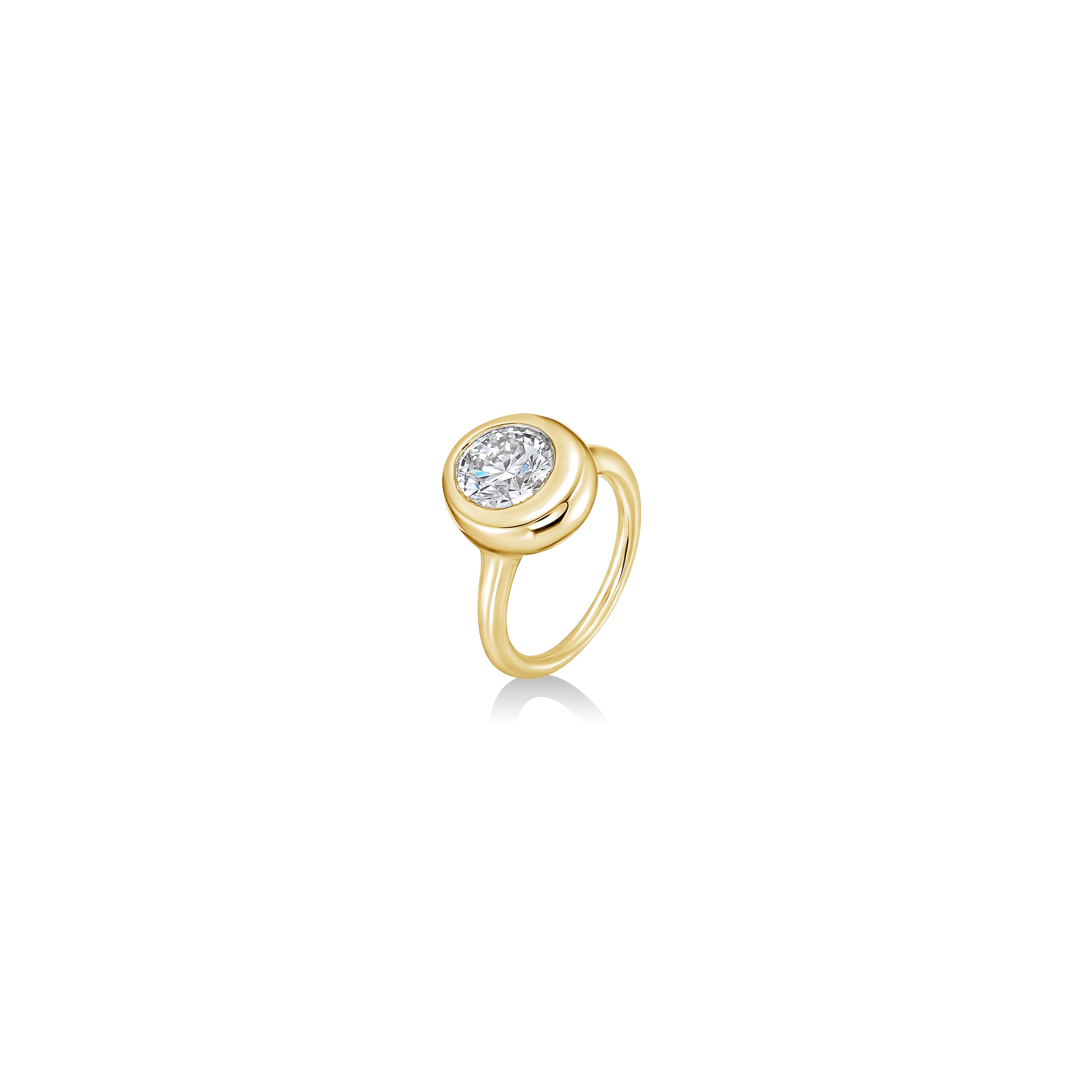 tilt view of round molten solitaire ring in yellow gold against a white background