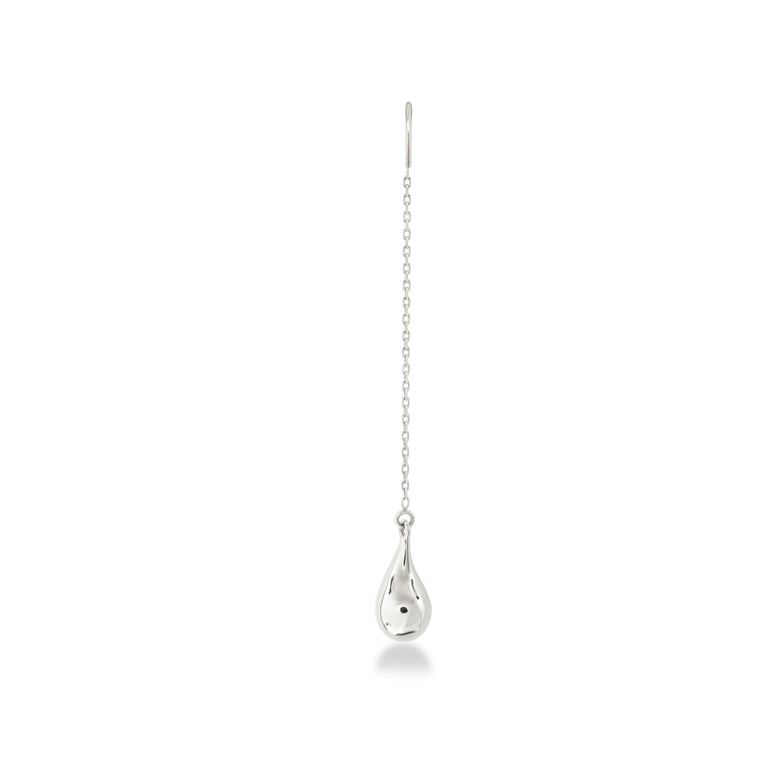 An AMANDA PEARL molten drop threader earring cast in recycled sterling silver on a neutral white background with drop shadow.