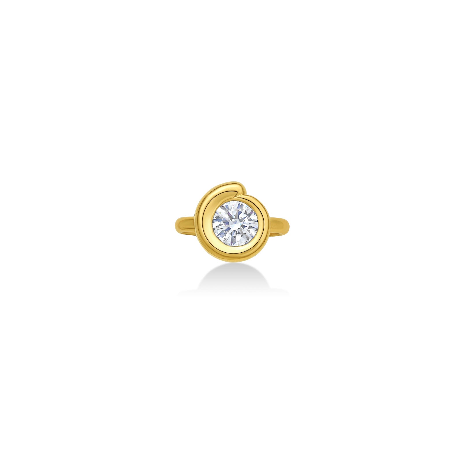 Quill Bezel Ring in yellow gold - top view on white background.