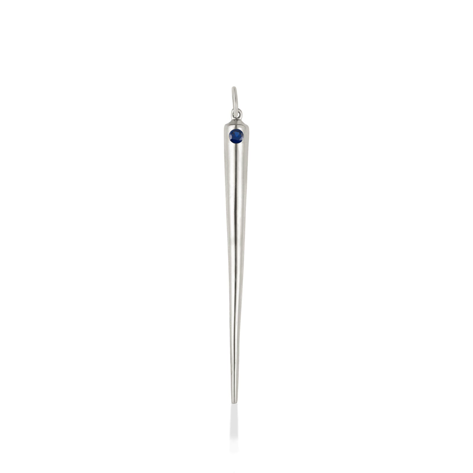 A quill spike charm cast in recycled white gold with a bezel set white lab grown diamond, on a white background. 