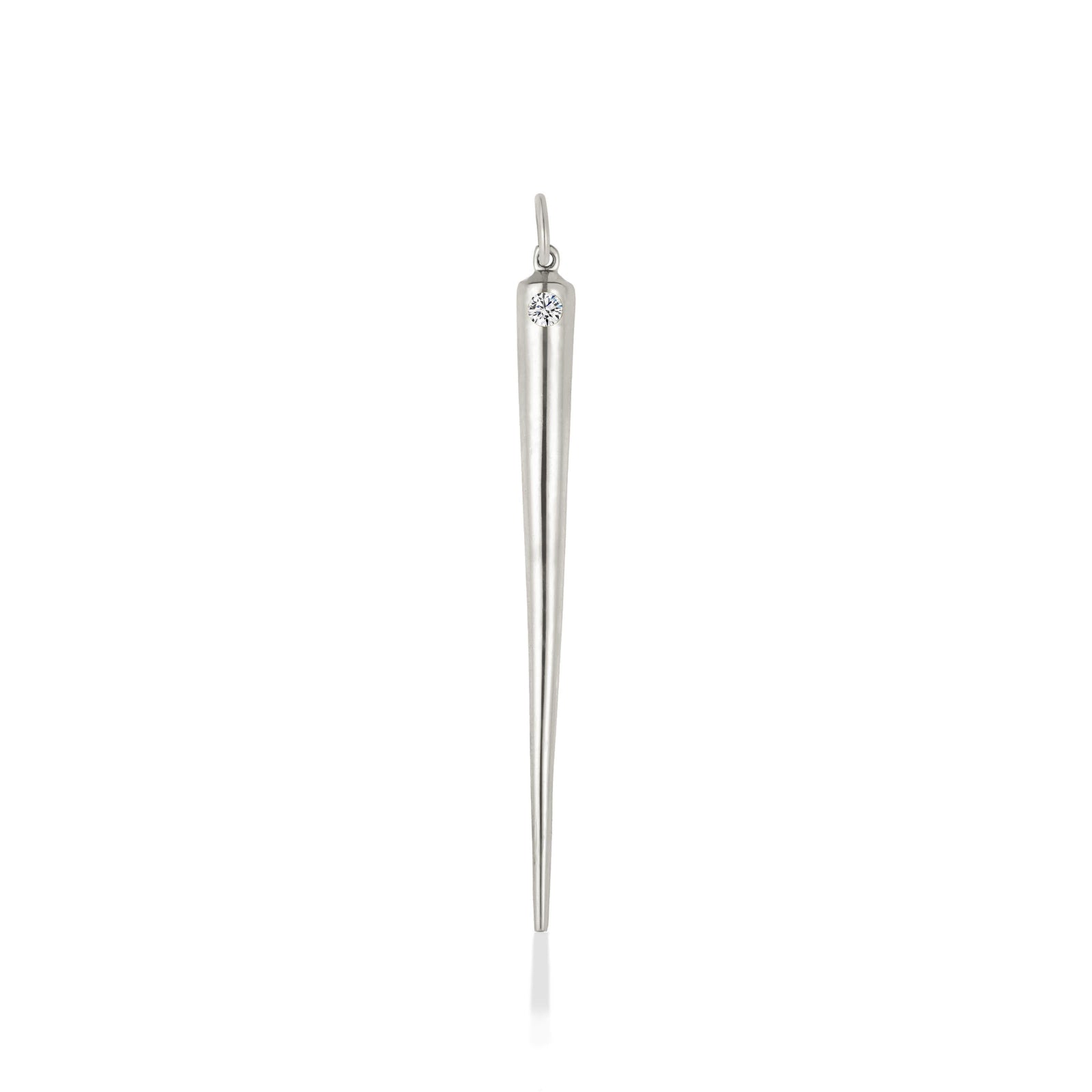 A quill spike charm cast in recycled white gold with a bezel set white lab grown diamond, on a white background. 