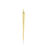 A quill spike charm cast in recycled yellow gold with a bezel set white lab grown diamond, on a white background. 