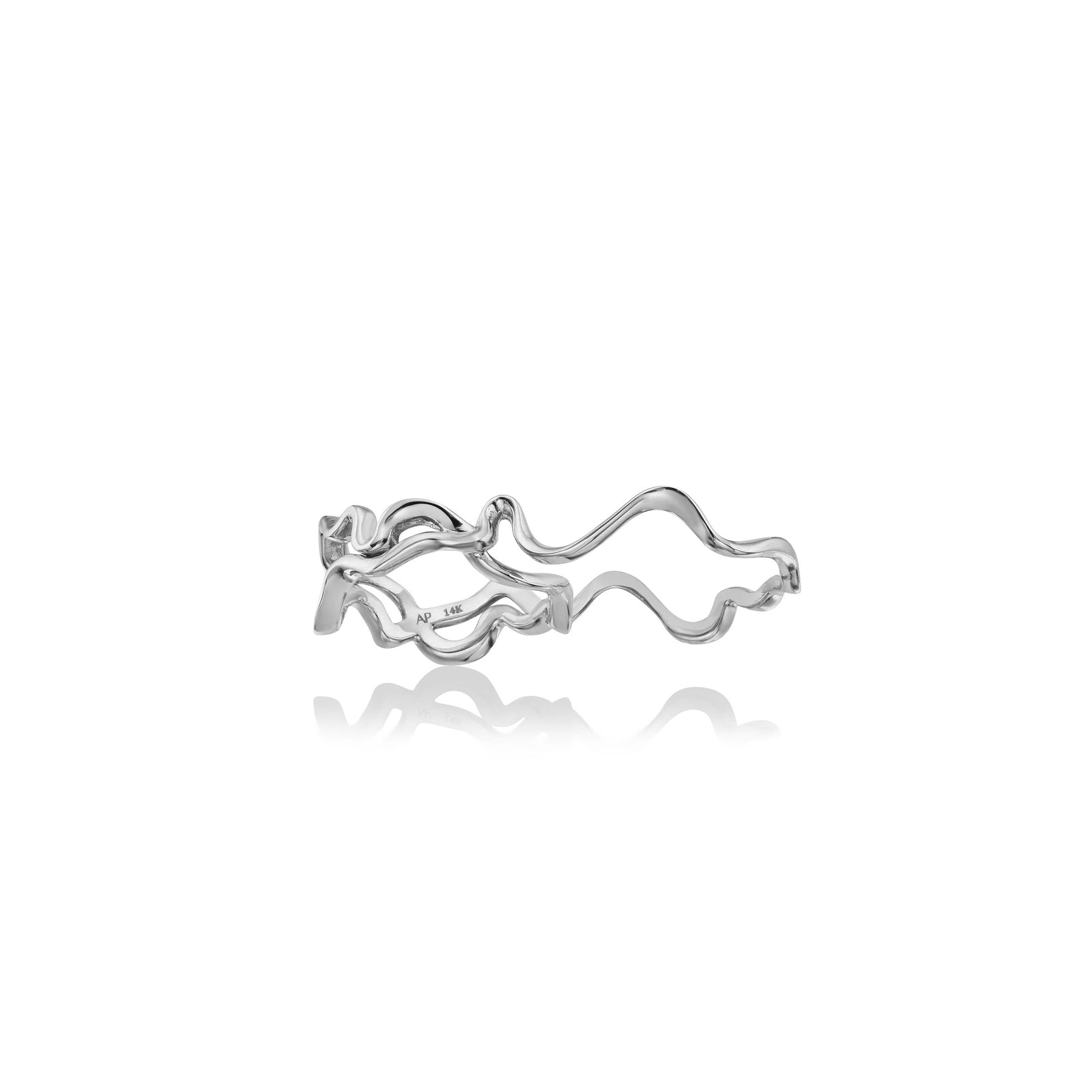 A 14K recycled white gold double finger ring, with an undulating irregular shape inspired by ripples in water.