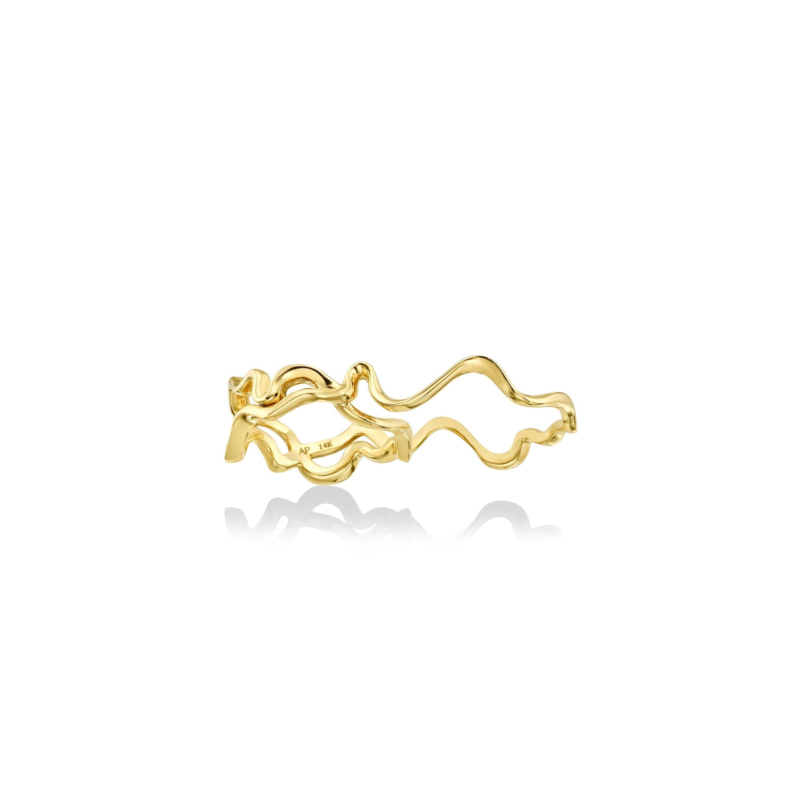 A 14K recycled yellow gold double finger ring, with an undulating irregular shape inspired by ripples in water against a white background.