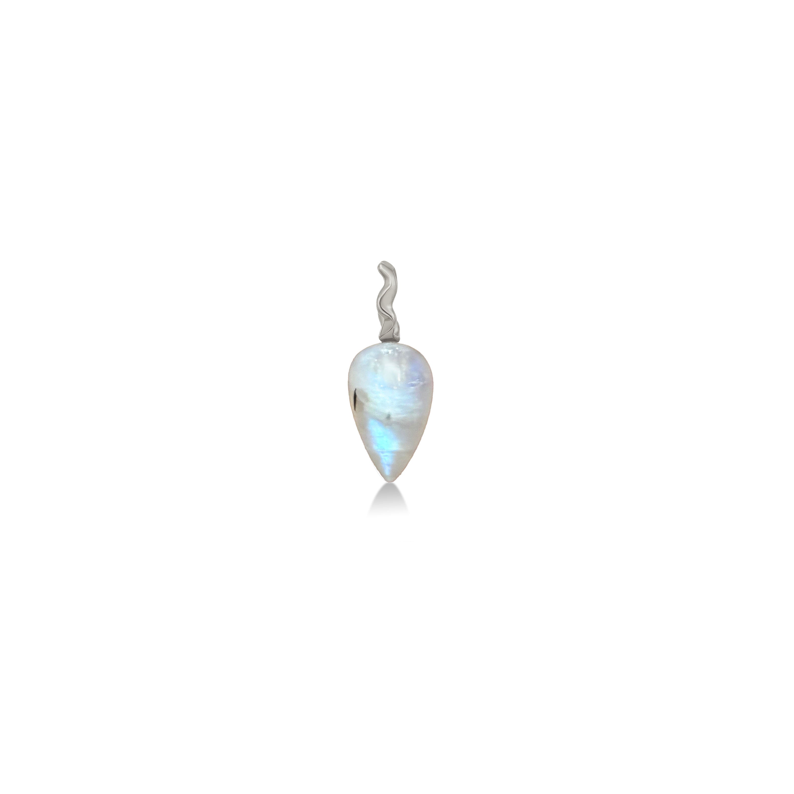 A rainbow moonstone drop charm with a 14K white gold ripple bale sits on a white background.