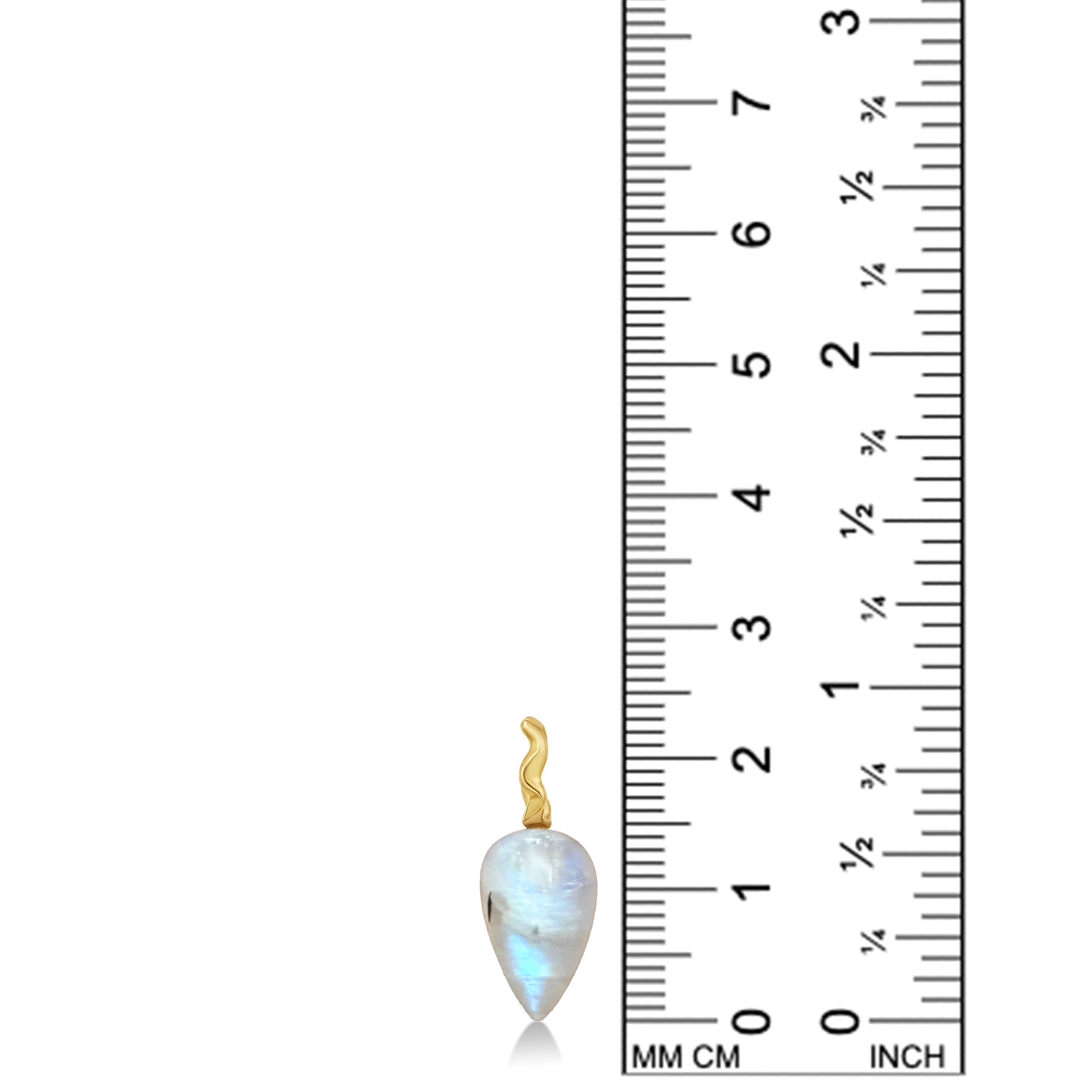 A rainbow moonstone drop charm with a 14K yellow gold ripple bale stands against a ruler for scale. 