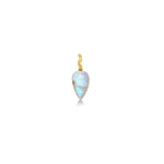 A rainbow moonstone drop charm with a 14K yellow gold ripple bale sits on a white background.