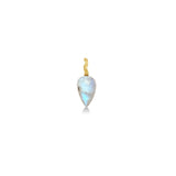 A rainbow moonstone drop charm with a 14K yellow gold ripple bale sits on a white background.