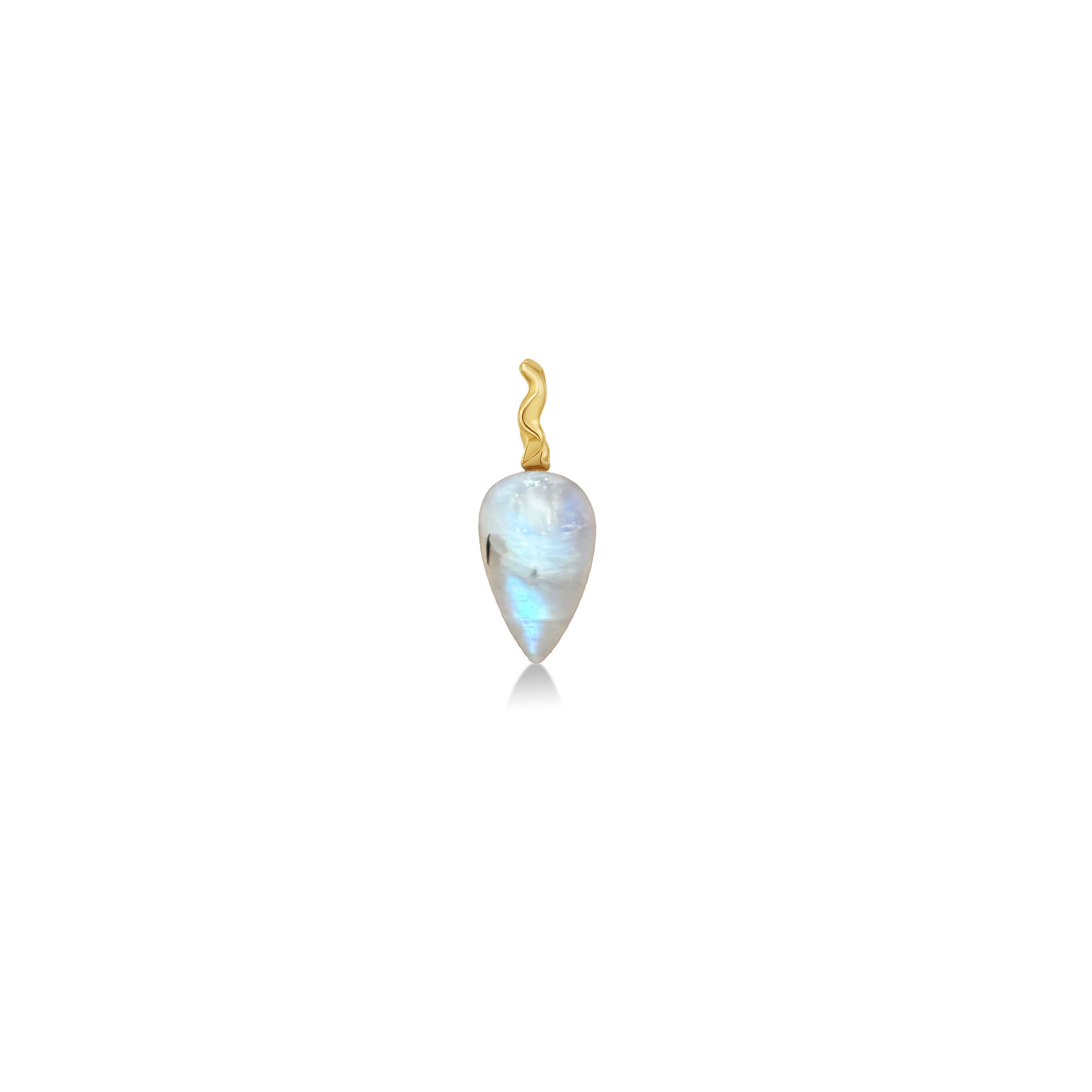 A rainbow moonstone drop charm with a 14K yellow gold ripple bale sits on a white background.