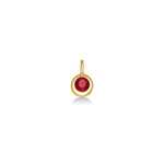 A 14K molten round solitaire charm bezel set with an ethical lab grown round Ruby stone, set against a white background.