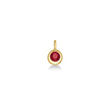 A 14K molten round solitaire charm bezel set with an ethical lab grown round Ruby stone, set against a white background.