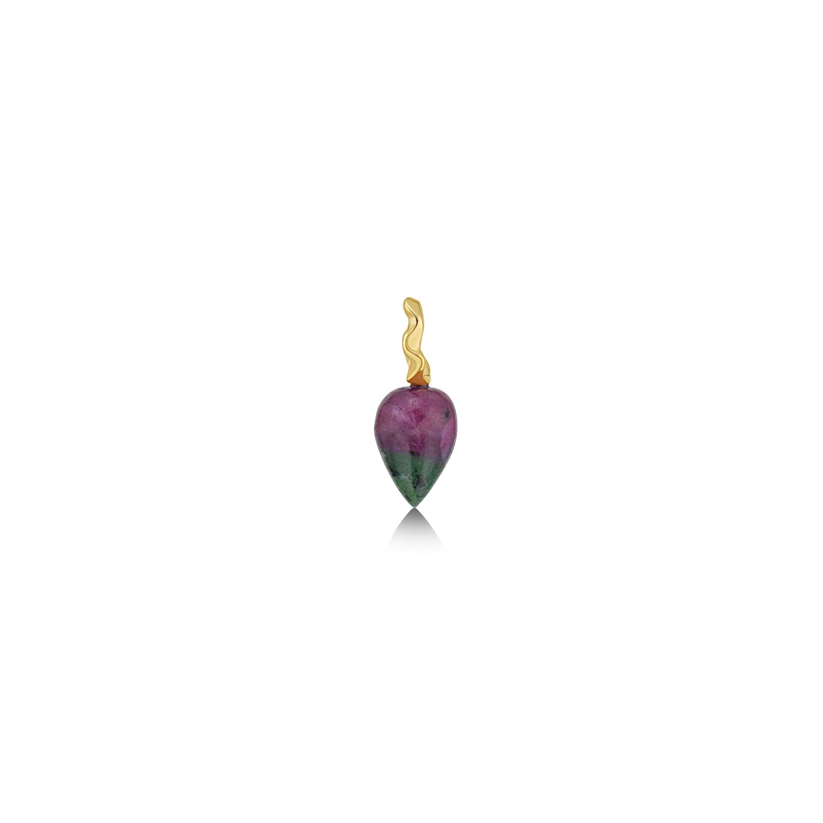 Ruby Zoisite Drop Charm with yellow gold ripple bale on white background.