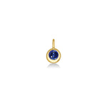 AMANDA PEARL Molten solitaire pendant in recycled 14k recycled yellow gold with a round, cultivated sapphire on a white background. 