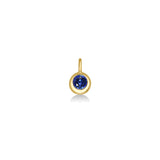 AMANDA PEARL Molten solitaire pendant in recycled 14k recycled yellow gold with a round, cultivated sapphire on a white background. 