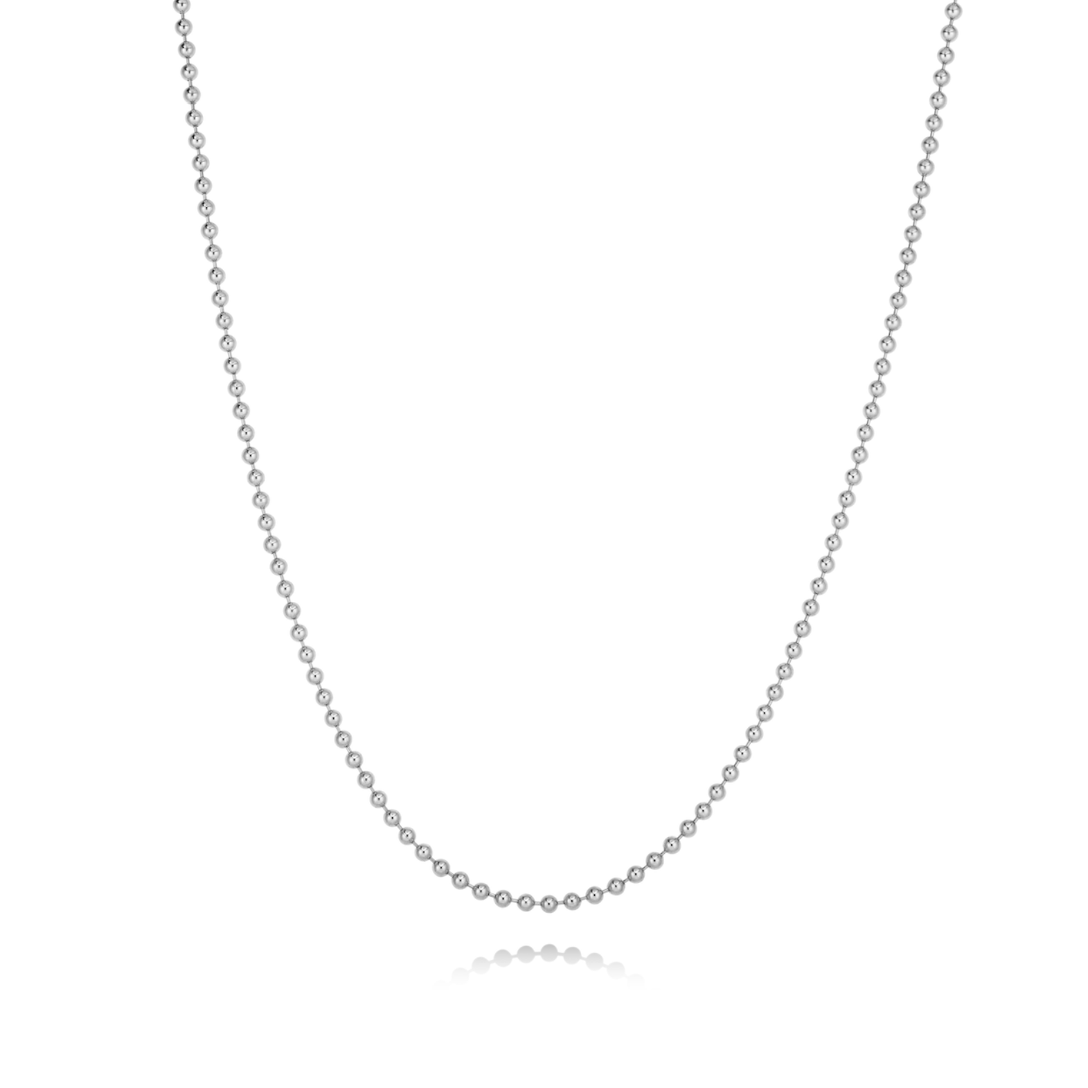 14K White Gold bead chain on white background