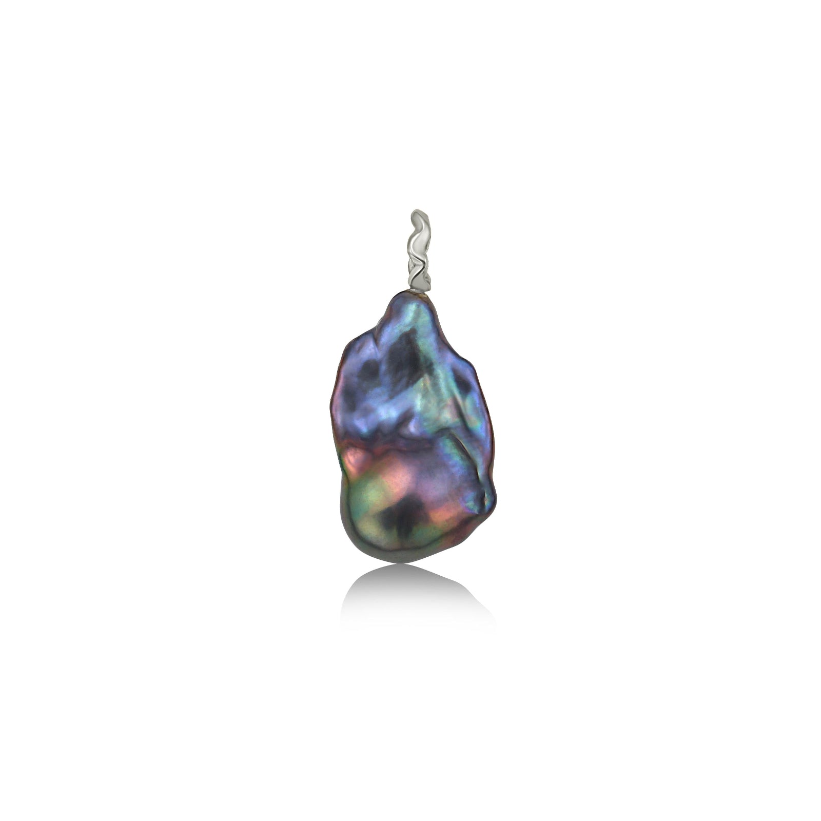 AMANDA PEARL Storm blue/purple/peacock baroque pearl with a recycled 14k white gold ripple bale on a white background.
