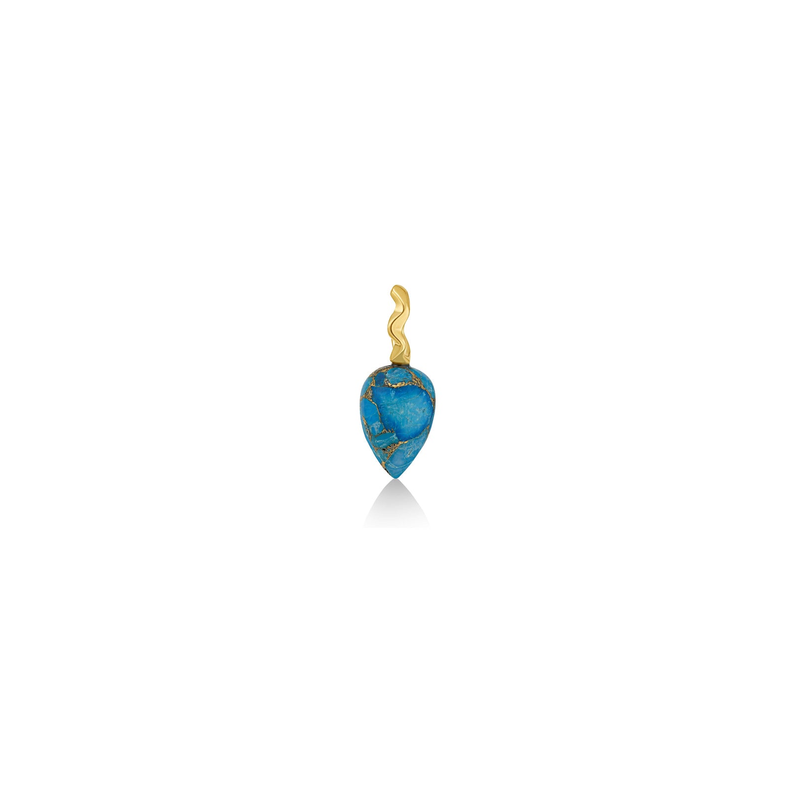 Turquoise Drop Charm with yellow gold ripple bale on white background.