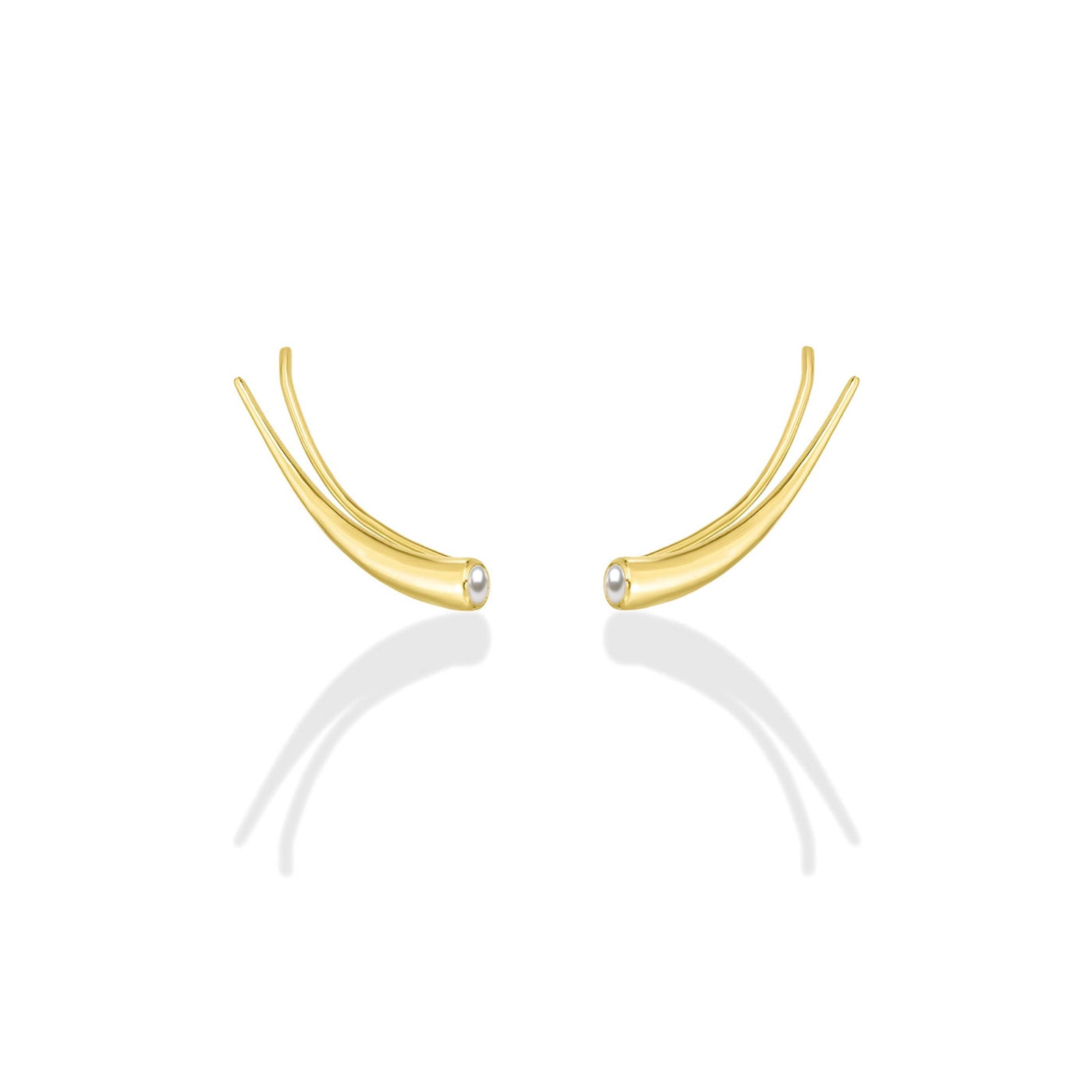 A pair of 14k recycled yellow gold climber earrings with a quill spike shape and a bezel set round pearl on a white background