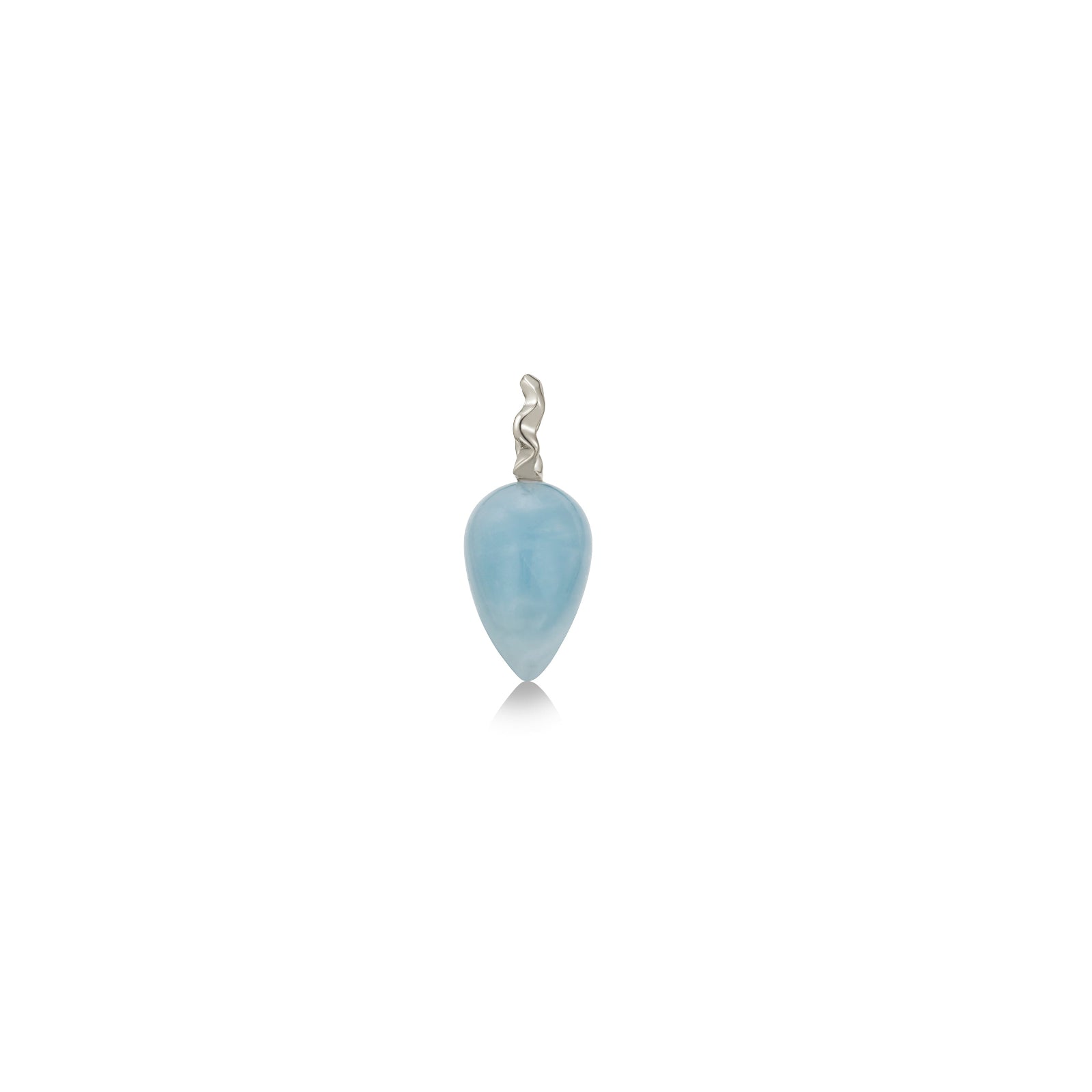 Aquamarine drop charm on yellow gold ripple bale on a white background.