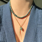 Black Faceted Opal Heishi necklace with wheat chain and labradorite drop charm with quill spike charm.