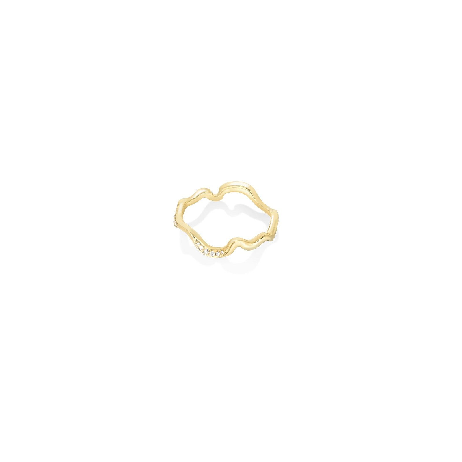 A 14K recycled yellow gold demi pavé ripple ring with a shape inspired by water studded with small ethical lab grown diamonds.  
