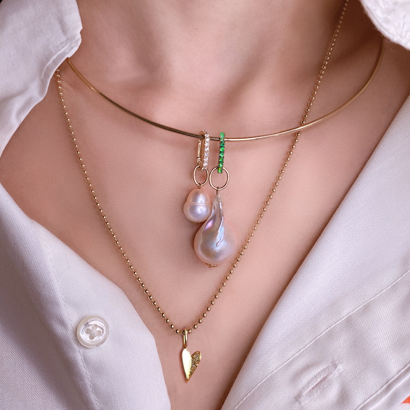 14K Gold Wire Choker Necklace styled with the Emerald Charm Lock and Diamond Charm lock with Baroque pearl charms attached.