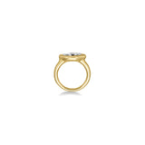 marquise molten solitaire ring side angle in yellow gold on a white background.