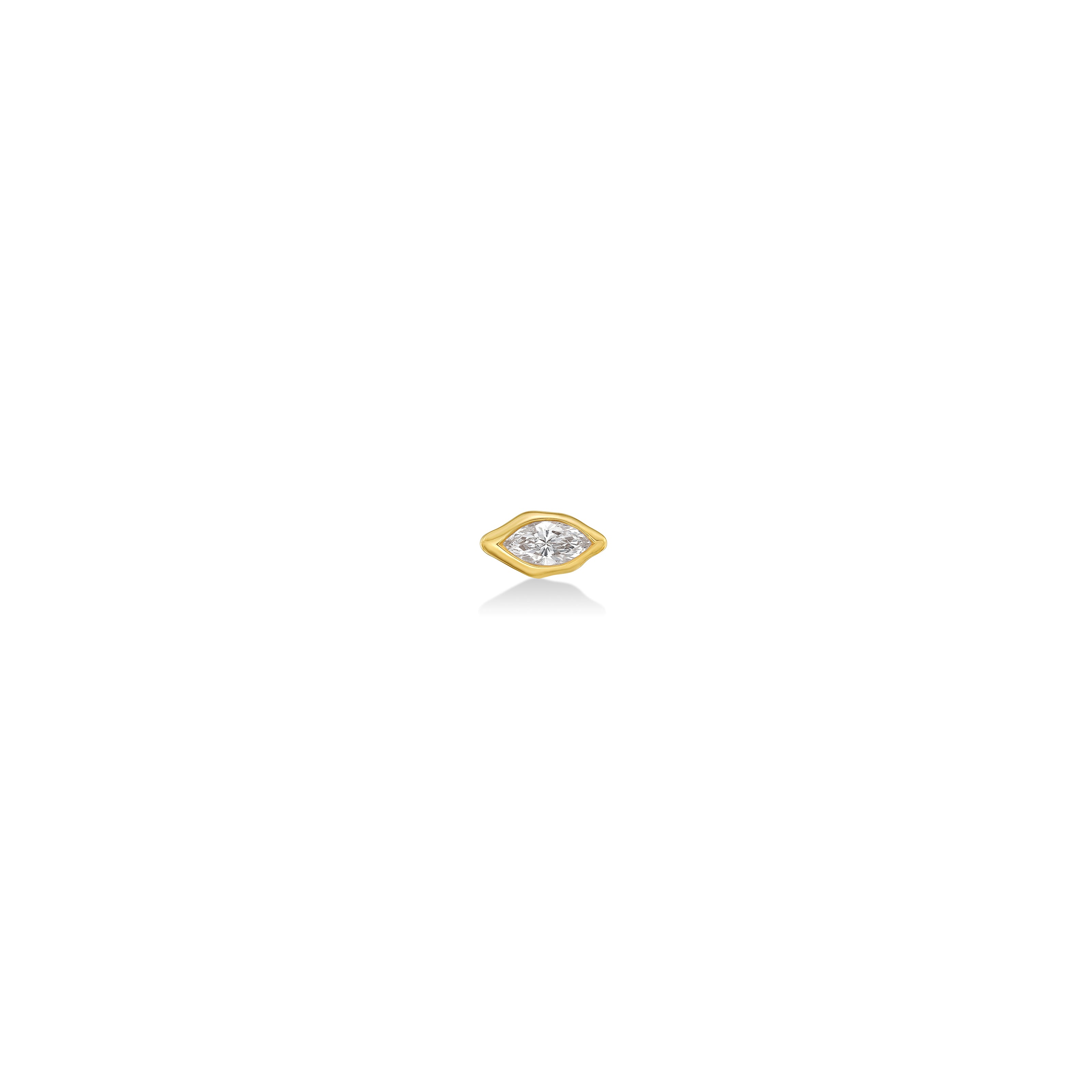 A 14k YG marquise stud, shot from straight on, featuring an ethical lab grown diamond.