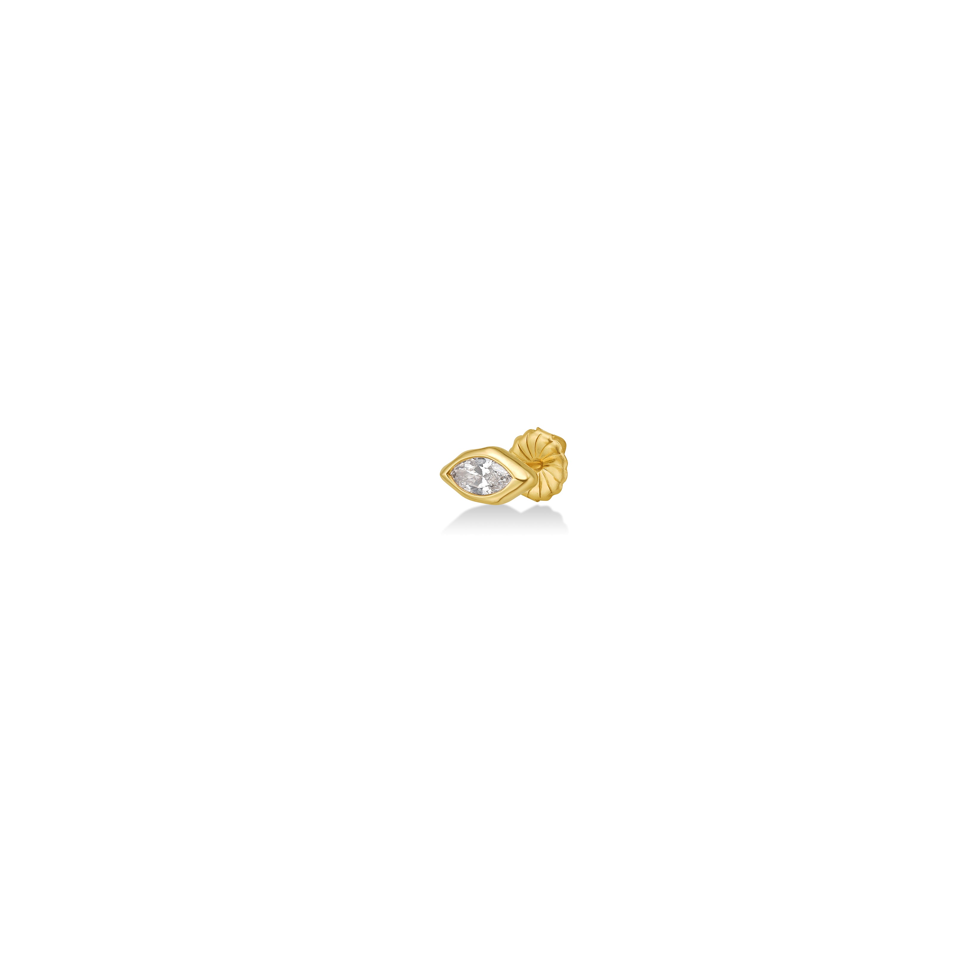 A 14k YG marquise stud, shot from three quarters view, featuring an ethical lab grown diamond.