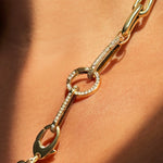 14K Gold Round Pavé Face Charm Lock layered with Oval Pavé Charm Lock and Slim Oval Pavé Charm Lock on the Molten Link Chain
