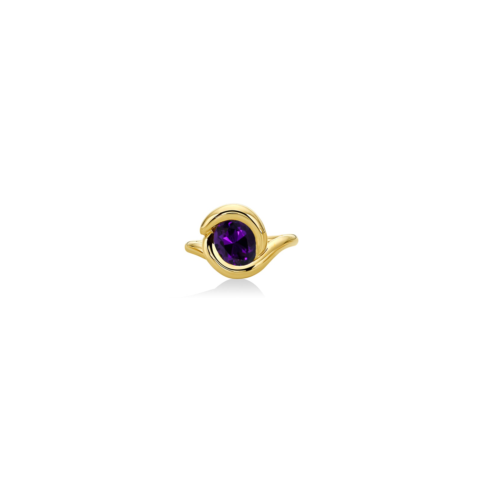 The Amanda Pearl Molten knot ring in 14K recycled yellow gold, with deep, rich purple amethyst gemstone.