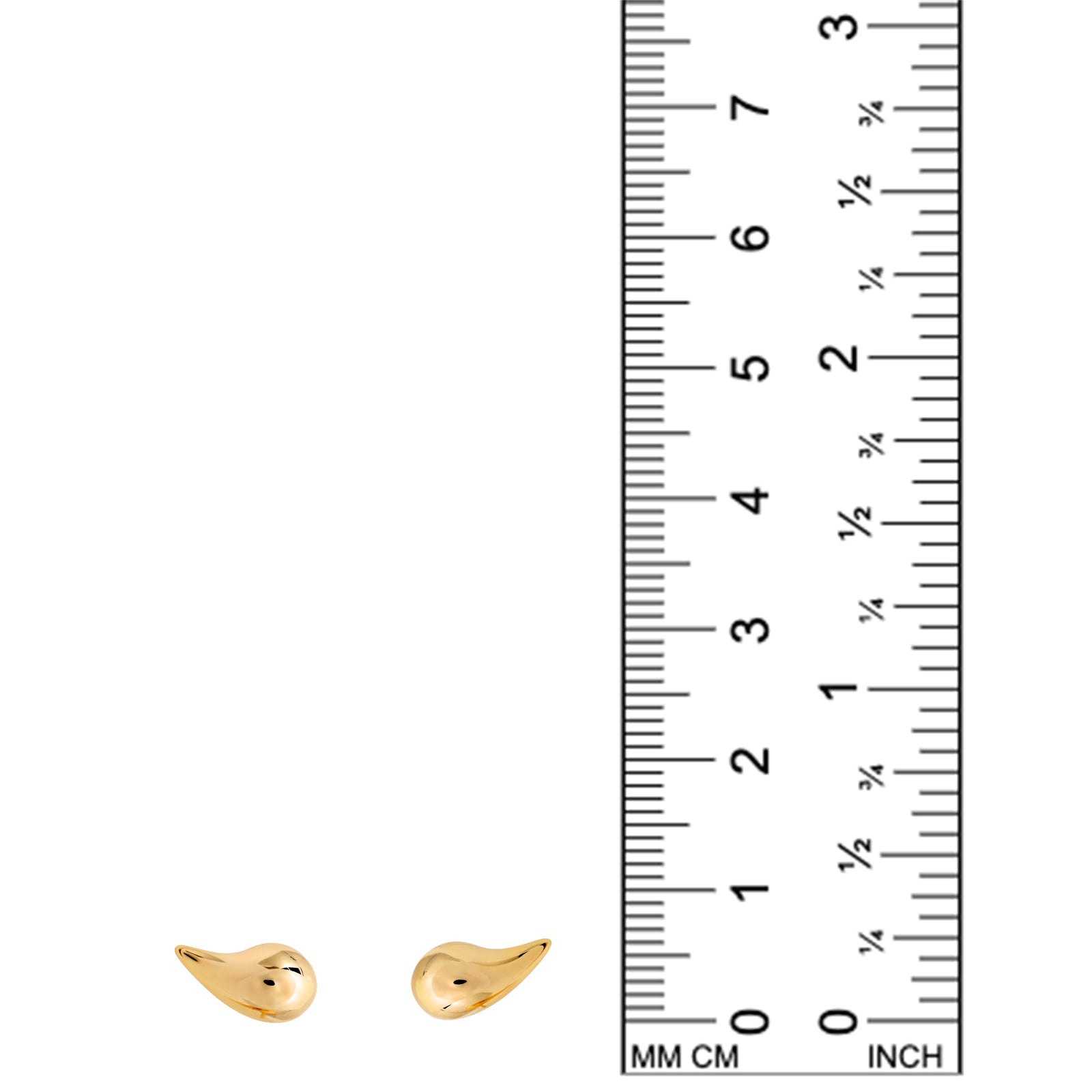 14k recycled gold Molten Studs on a white background with ruler measuring 5mm thickness