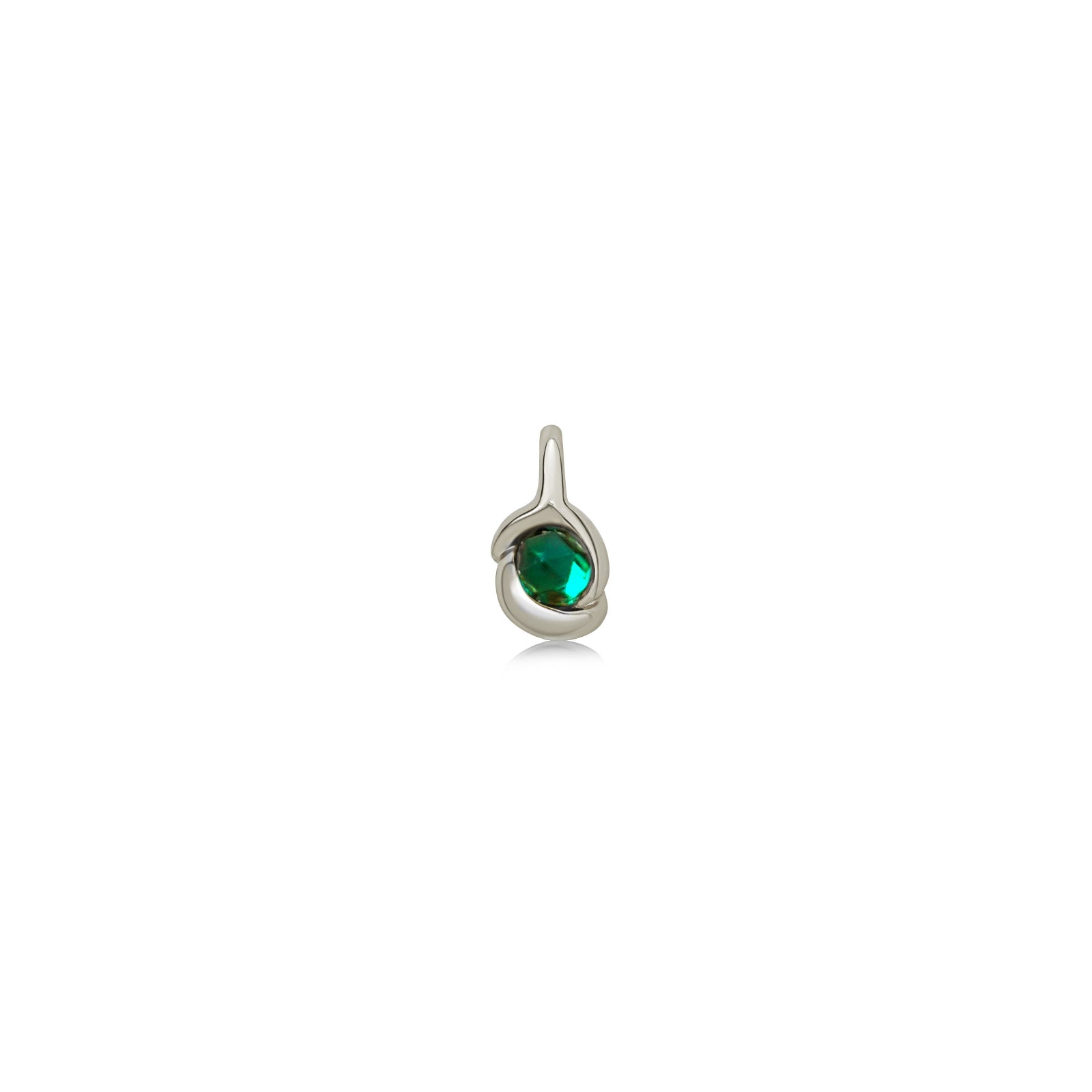 molten solitaire knot charm with a rose cut emerald in white gold on a white background.