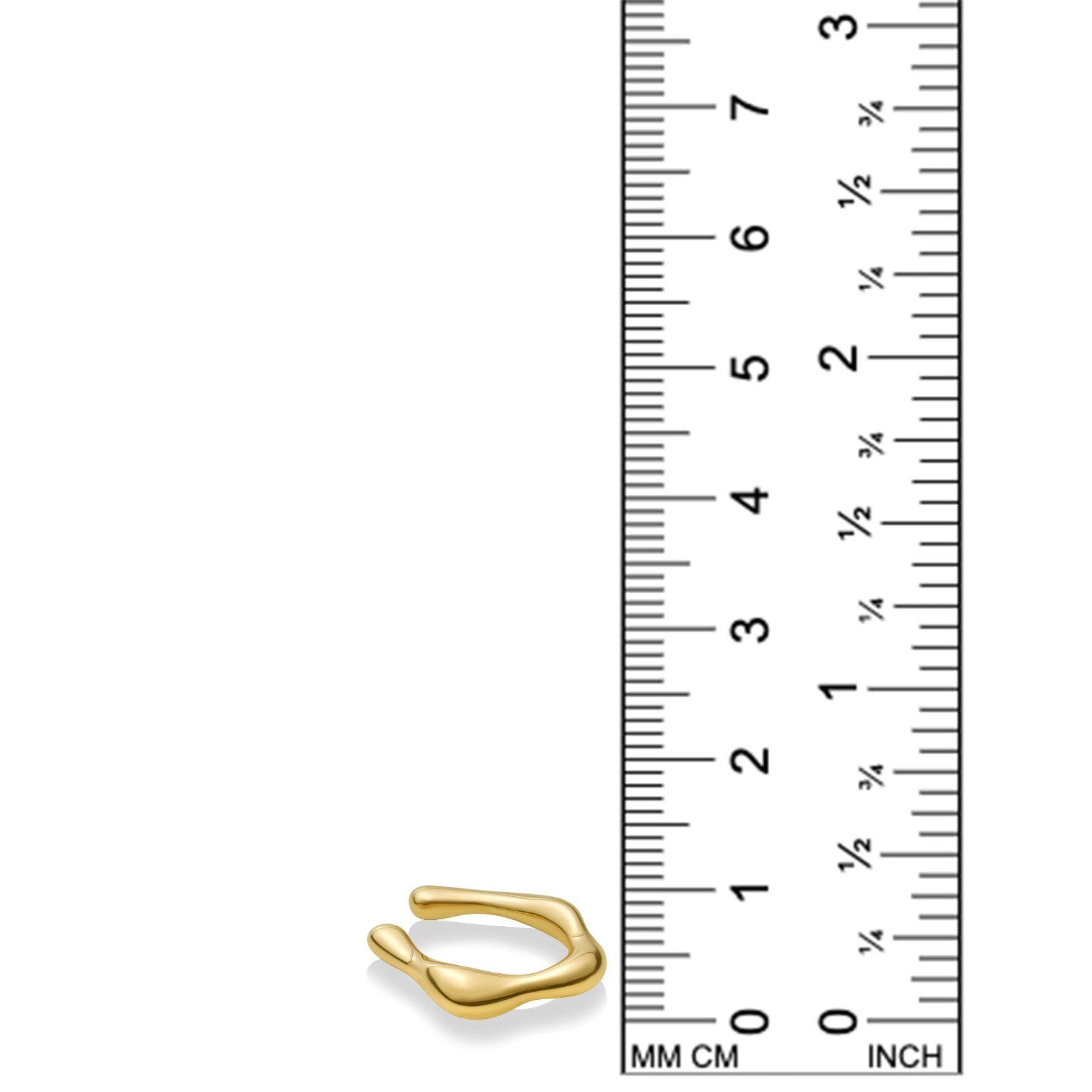 14K recycled gold Molten Midi Ear Cuff on a white background with a ruler measuring, 1-2mm thick