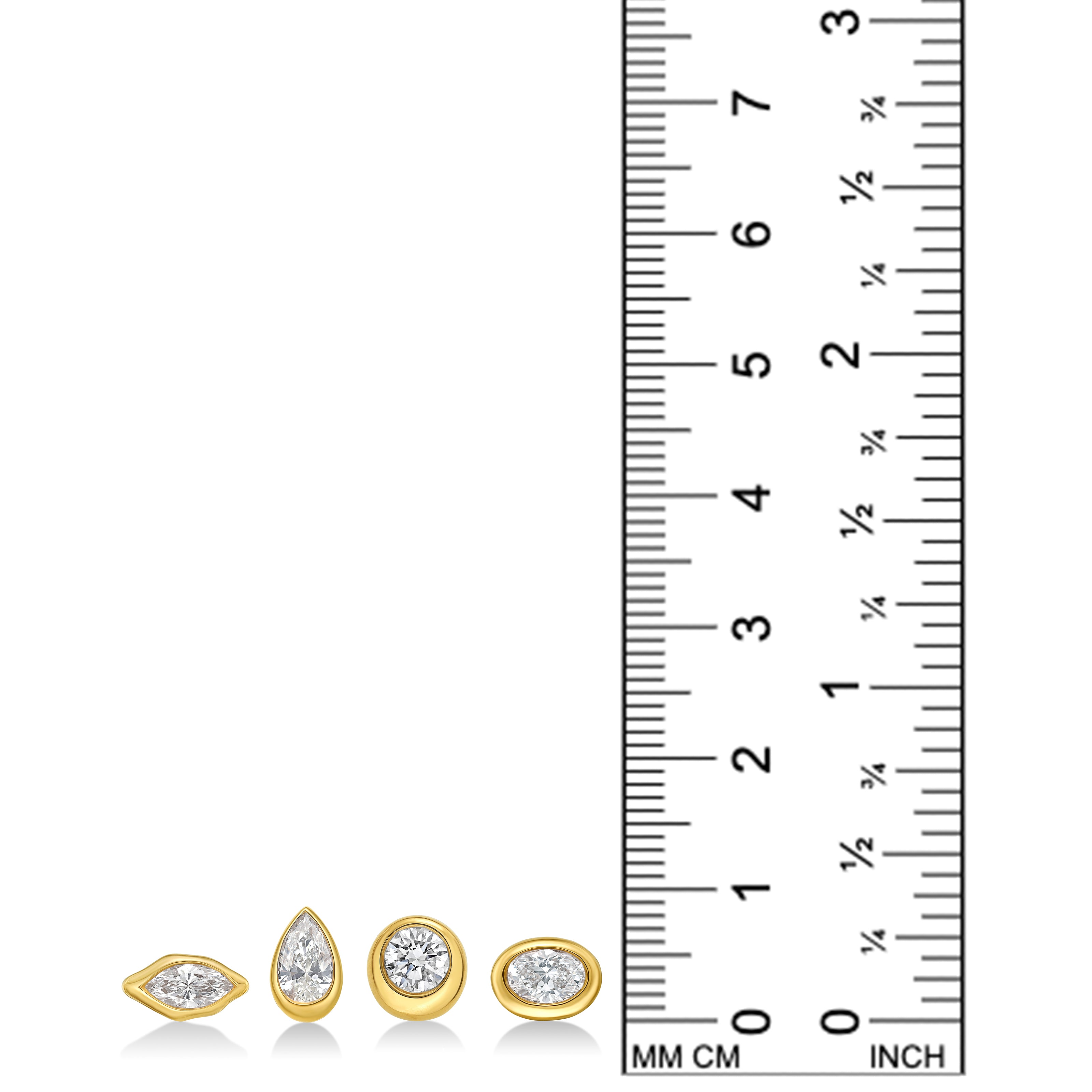A ruler photo that compares the heights of the Molten solitaire studs in 14k yellow gold with diamond. 