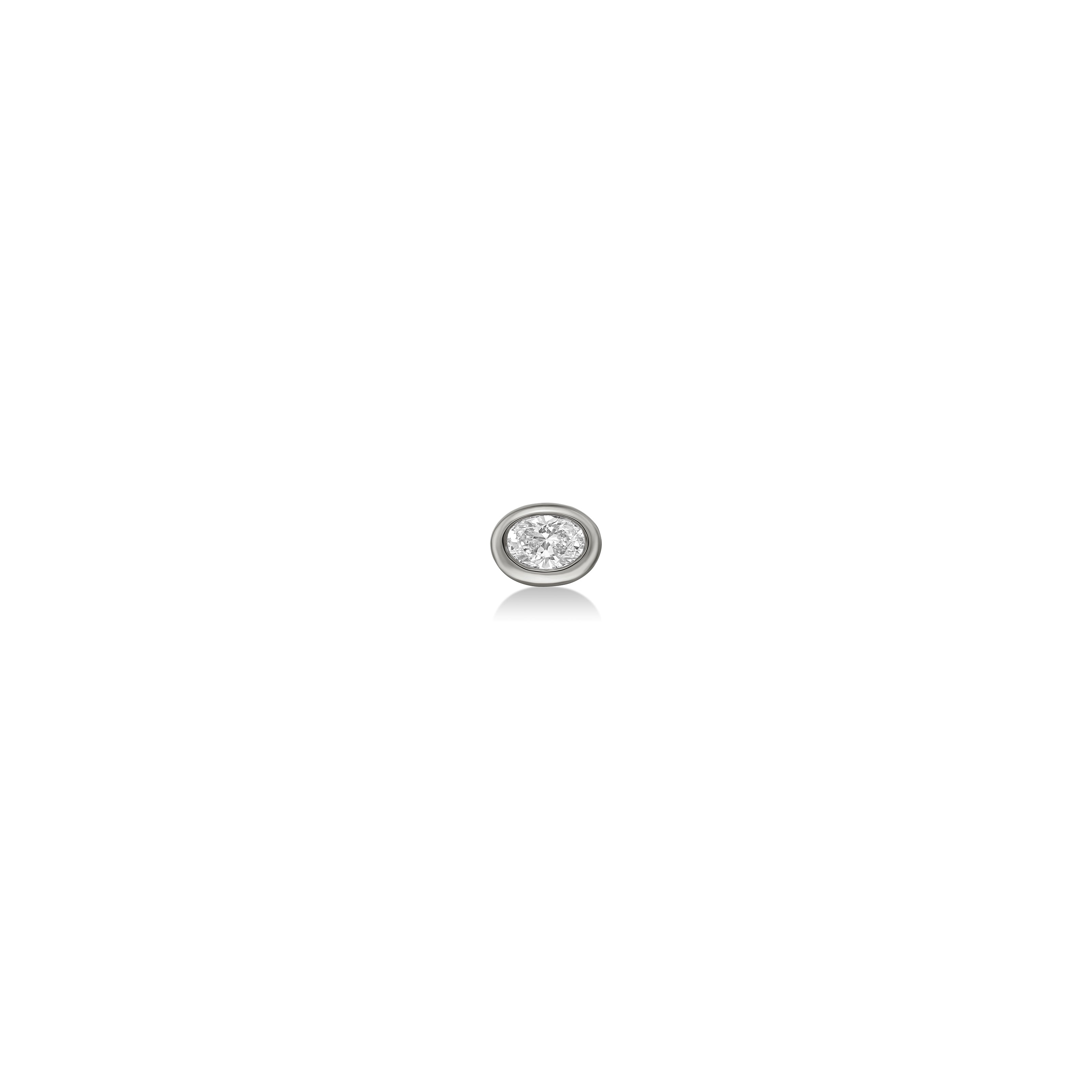 An oval molten solitaire stud shot from straight on in 14K white gold, with a diamond.