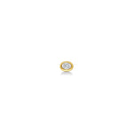 An oval molten solitaire stud shot from straight on in 14K yellow gold, with a diamond.