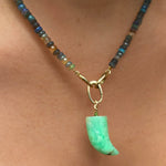 14K Gold Plain Oval Charm Lock linked on oval linking clasps of a Galaxy-Multi Opal Necklace styled with a Horn Charm