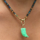 14K Gold Plain Oval Charm Lock linked on oval linking clasps of a Galaxy-Multi Opal Necklace styled with a Horn Charm